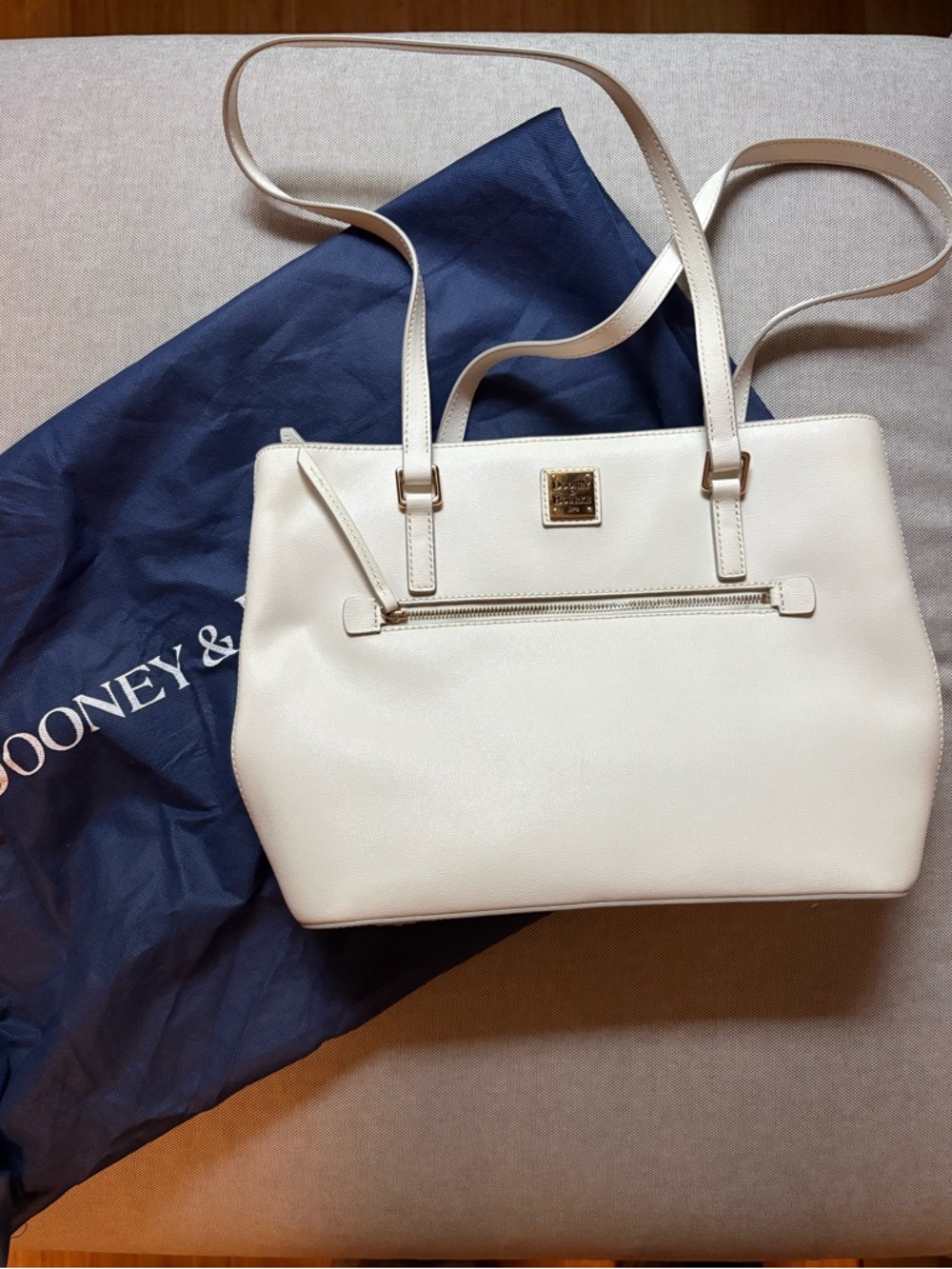 Dooney & Bourke Cream Leather Shoulder Tote with Front Zip